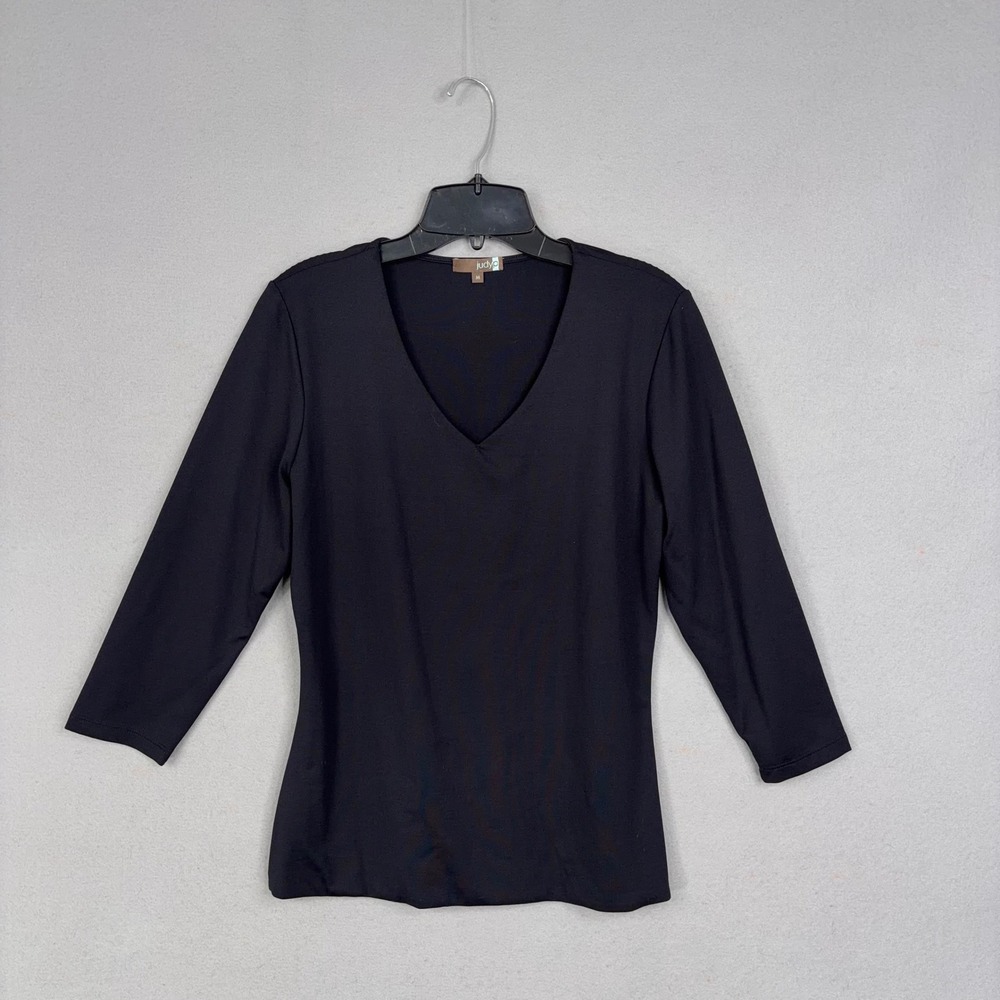 Judy P Top Womens Medium Black Solid V-Neck 3/4 Sleeve Basic Minimal Neutral